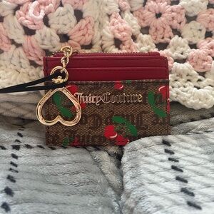 Juicy Couture Brown Cherry Print Cardholder Wallet with Gold Heart Charm